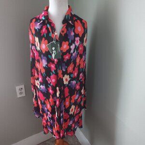 Bright Floral Mini Shirt Dress Tunic L Large